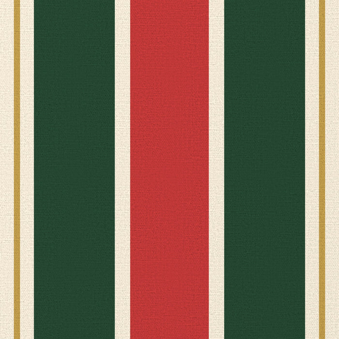 Close-up of the Signature Stripe Christmas napkin print in red, green and burgundy on cotton, showing broad stripes