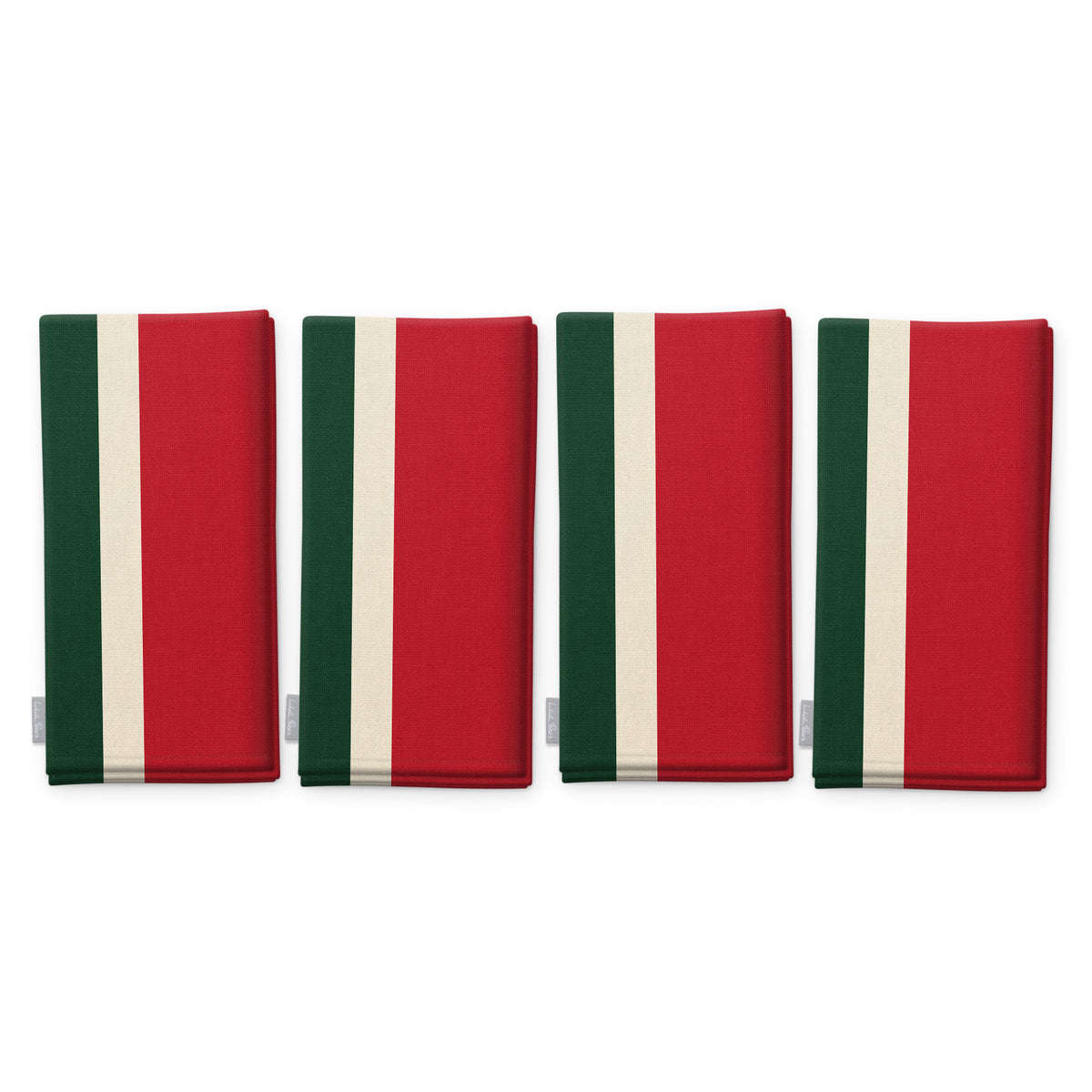 Signature Stripe Christmas napkins in red, green and burgundy, set of four, folded on white, showing the same broad stripes