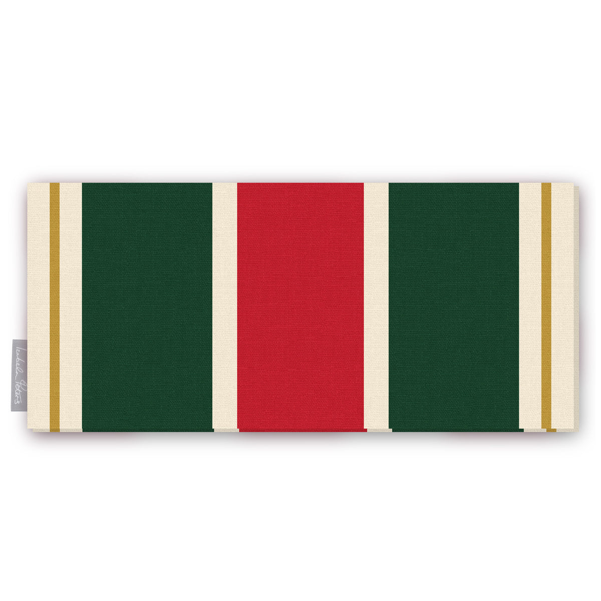 Signature Stripe Christmas table runner in red, green and burgundy, folded on white, showing broad stripes