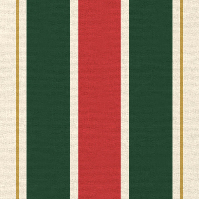 Close-up of the Signature Stripe Christmas tablecloth print in red, green and burgundy on cotton, showing broad stripes