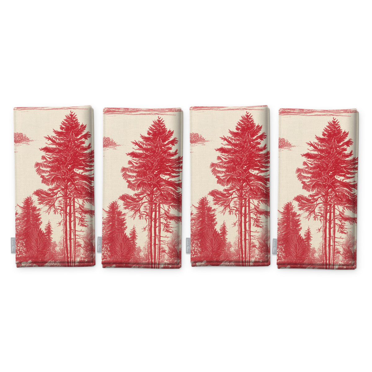 Fir Forest Toile Christmas napkins in red on ivory, set of four folded napkins showing the same tall fir tree