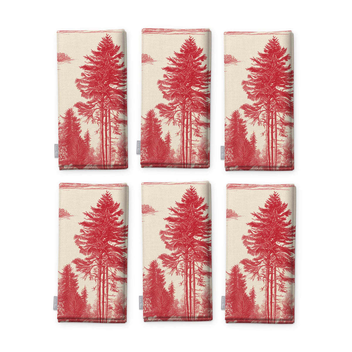 Fir Forest Toile Christmas napkins in red on ivory, set of six folded napkins showing the same tall fir tree
