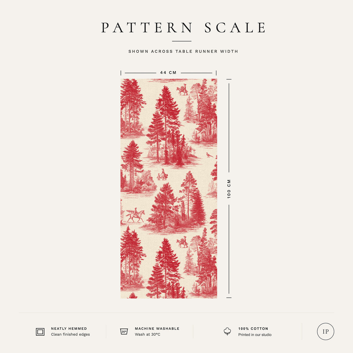 Pattern scale of the Fir Forest Toile Christmas table runner in red on ivory across its 44 cm width, with care notes