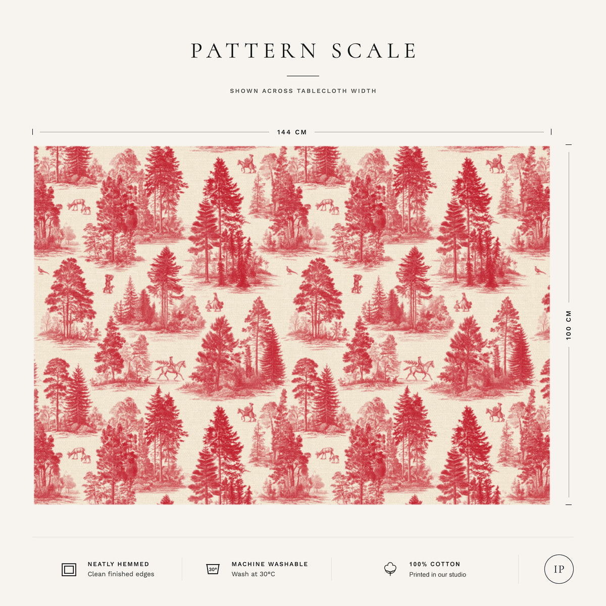 Pattern scale of the Fir Forest Toile Christmas tablecloth in red on ivory across its 144 cm width, with care notes
