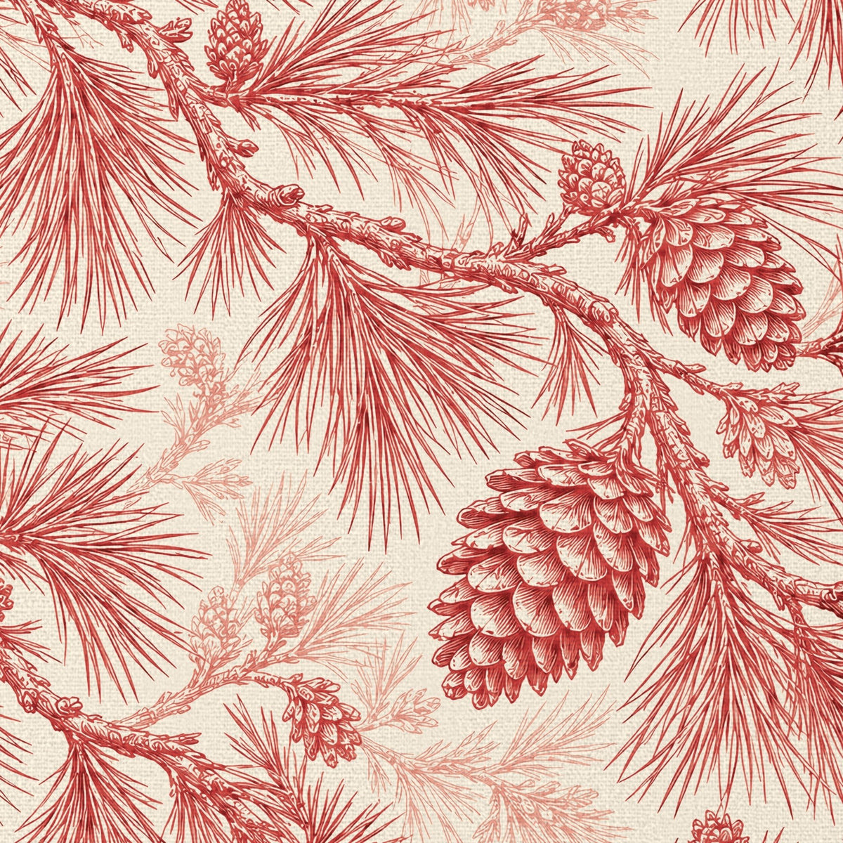Close-up of the Pine Bough Christmas napkin print in red on ivory cotton, showing pine boughs and cones