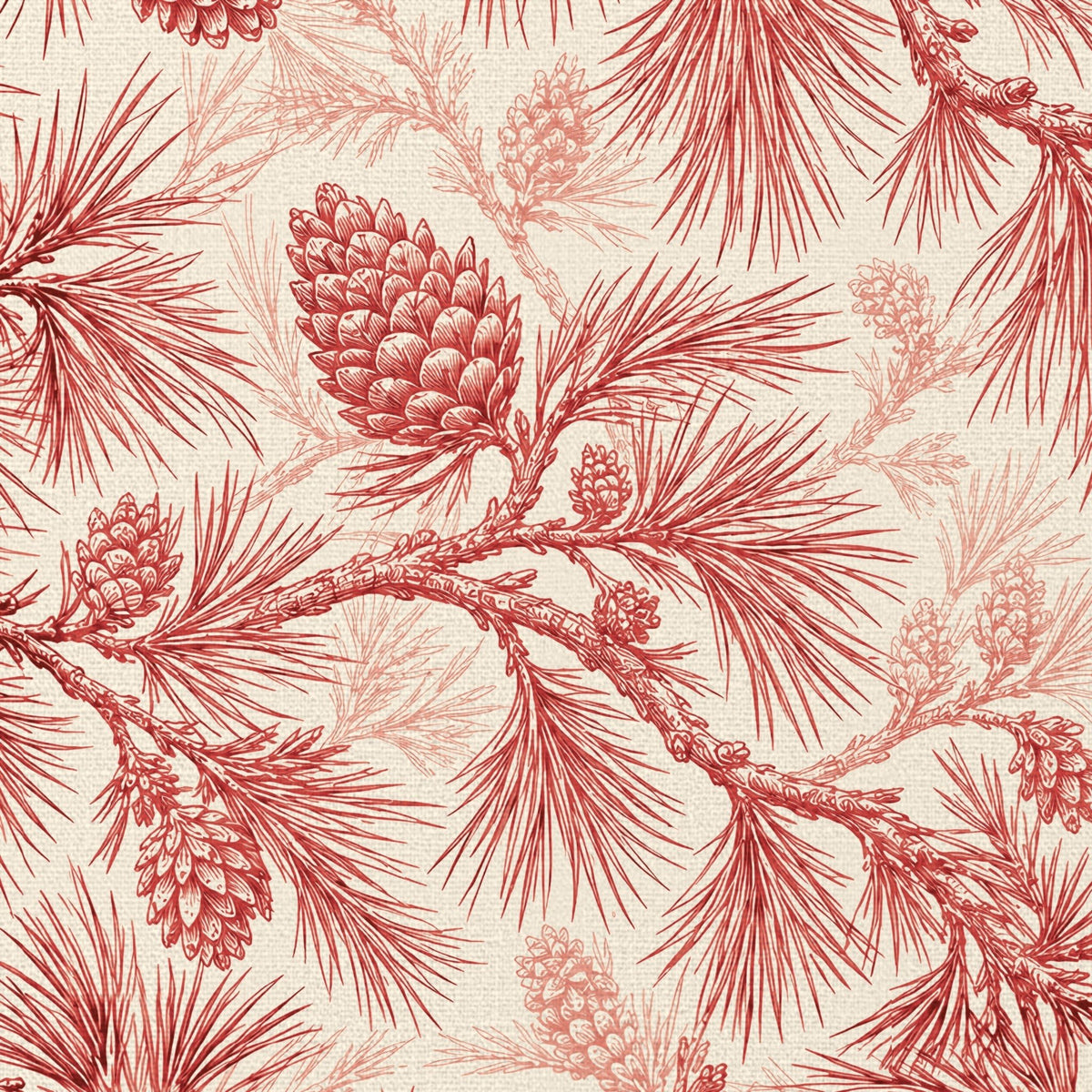 Close-up of the Pine Bough Christmas table runner print in red on ivory cotton, showing pine boughs and cones