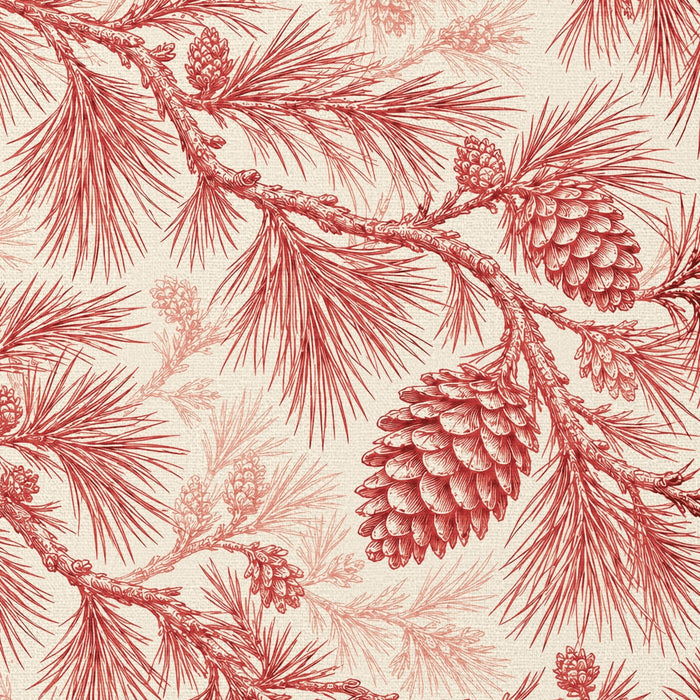 Close-up of the Pine Bough Christmas tablecloth print in red on ivory cotton, showing pine boughs and cones