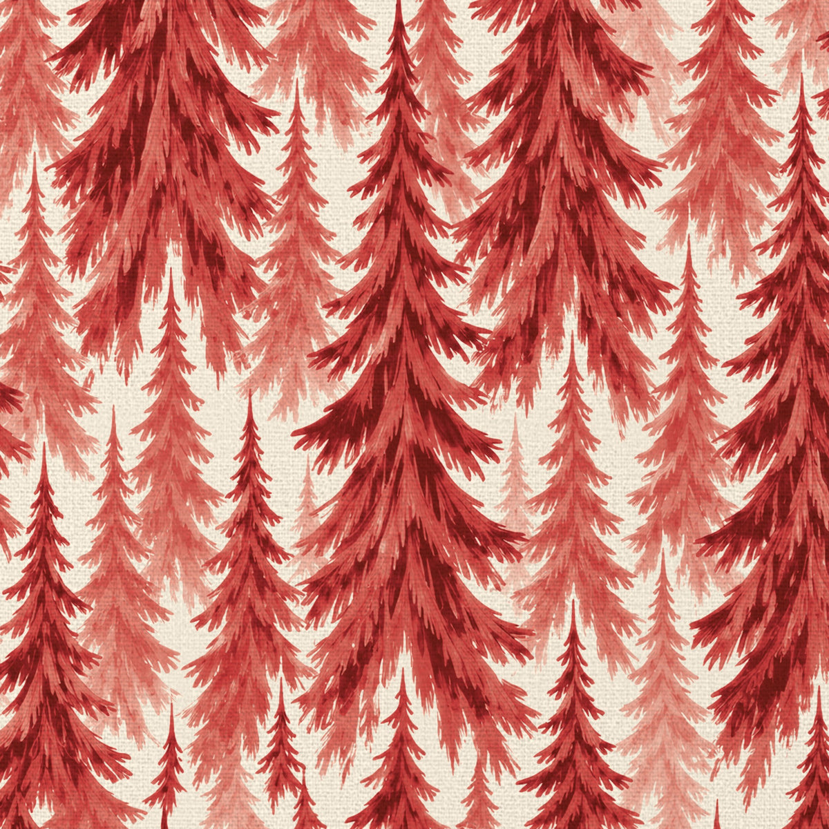 Close-up of the Spruce Stand Christmas table runner print in red on ivory cotton, showing rows of spruce trees