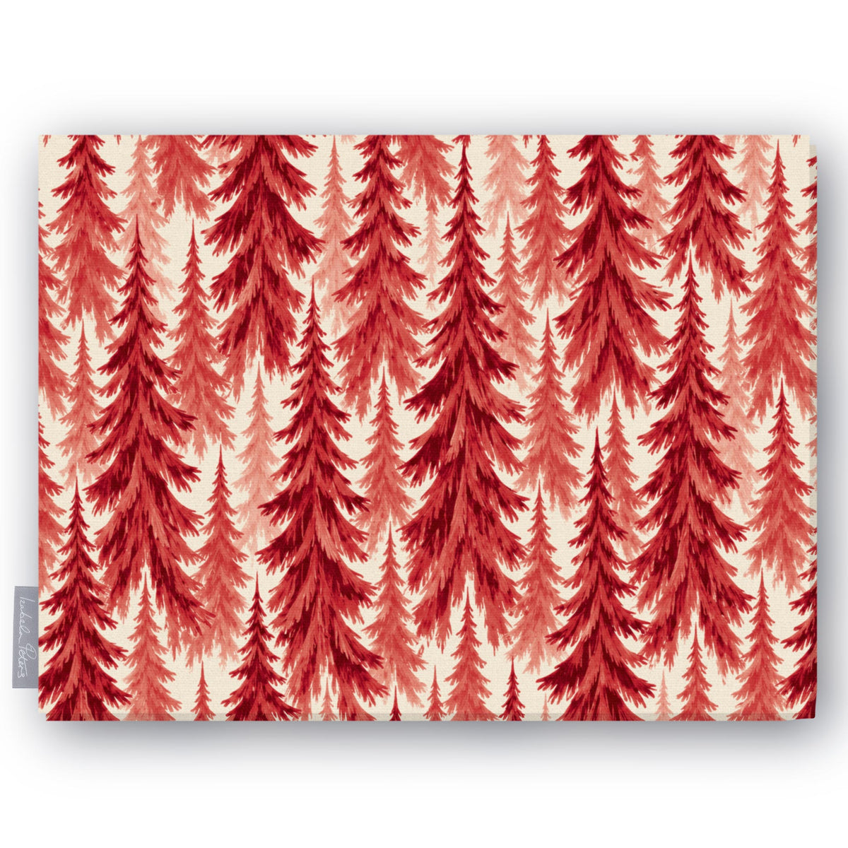 Spruce Stand Christmas tablecloth in red on ivory, folded on white, showing rows of spruce trees