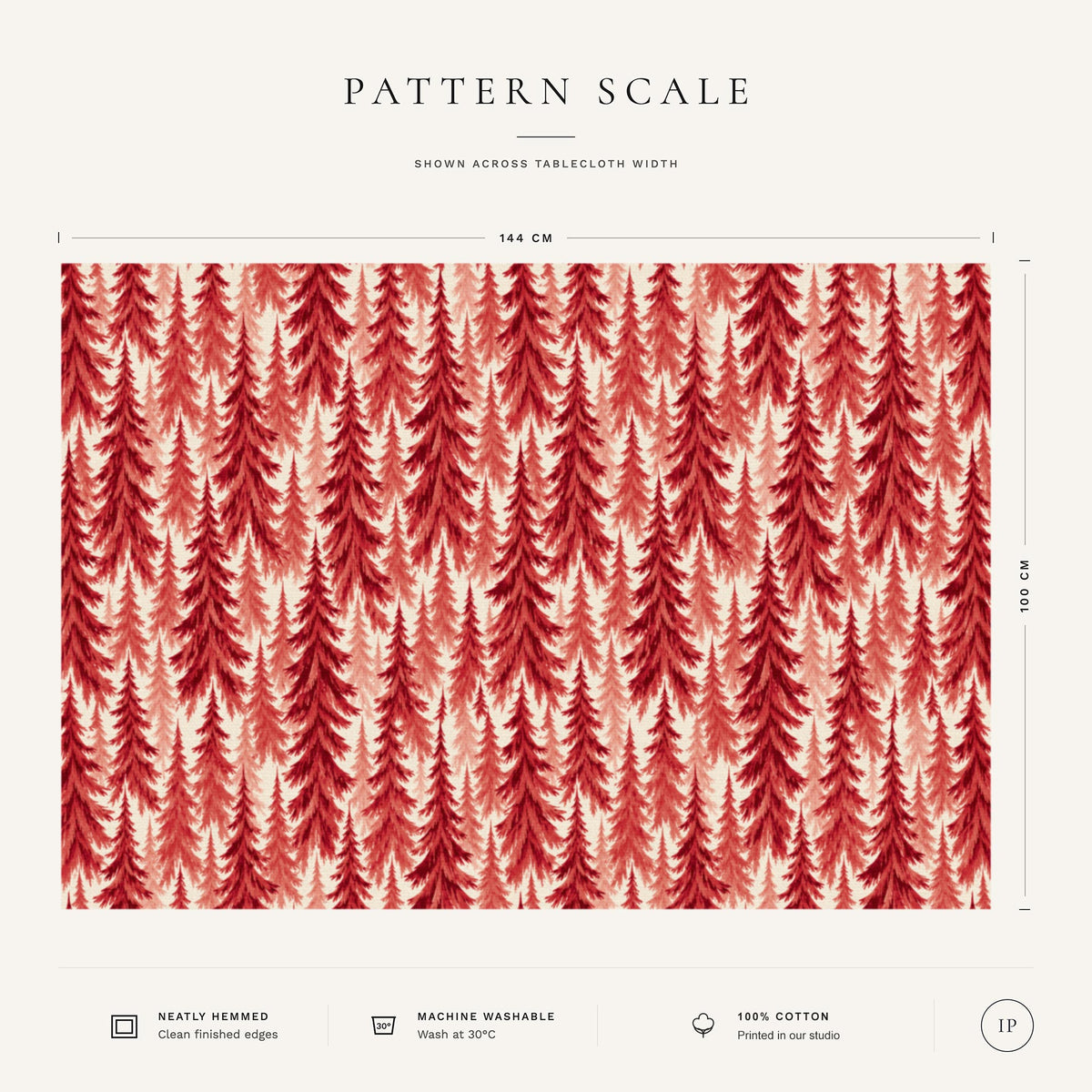 Pattern scale of the Spruce Stand Christmas tablecloth in red on ivory across its 144 cm width, with care notes