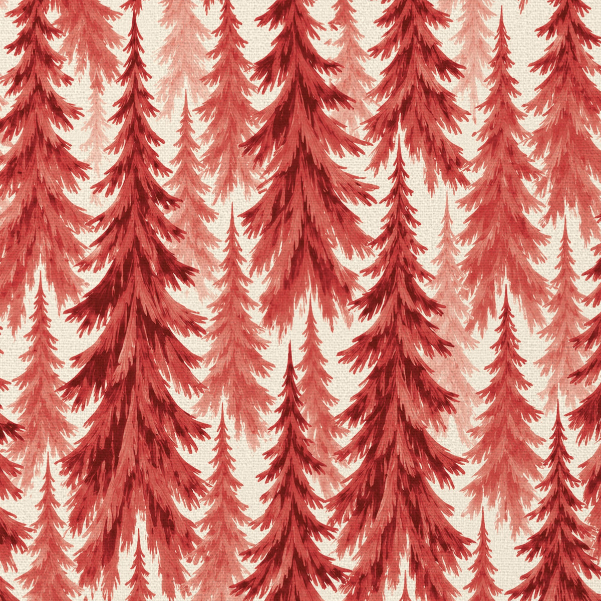 Close-up of the Spruce Stand Christmas tablecloth print in red on ivory cotton, showing rows of spruce trees