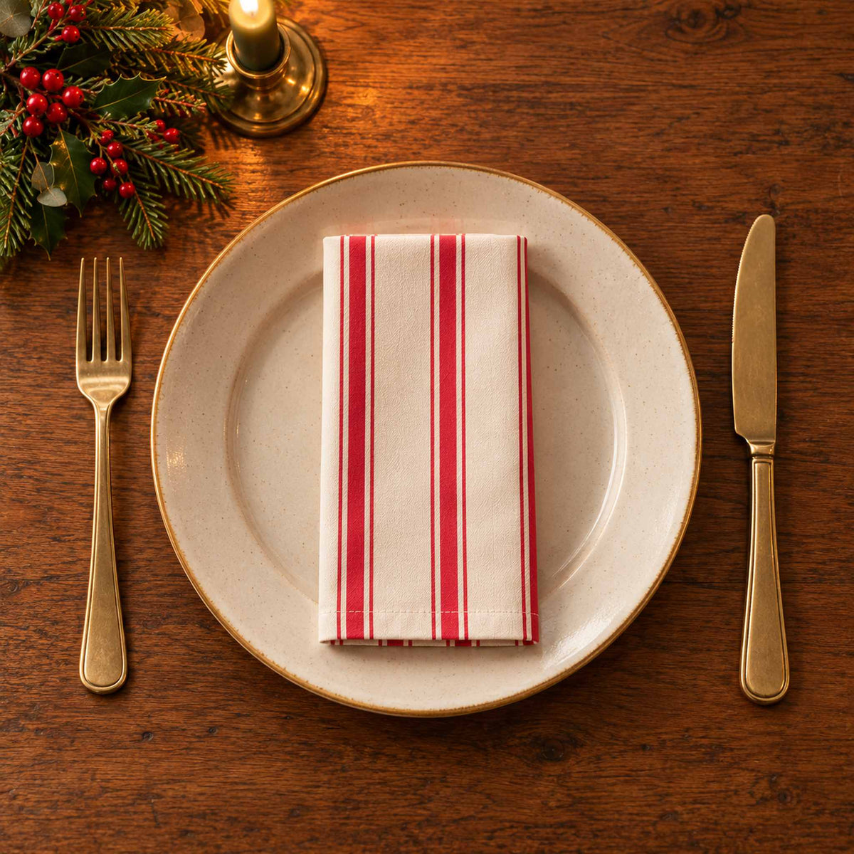 Red on ivory Ticking Stripe cotton napkin neatly folded on a dinner plate with cutlery and candlelight on a wooden Christmas table.