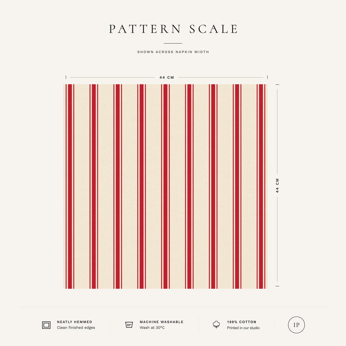 Red on ivory Ticking Stripe Christmas napkin pattern scale, showing the full 44 cm by 44 cm design.