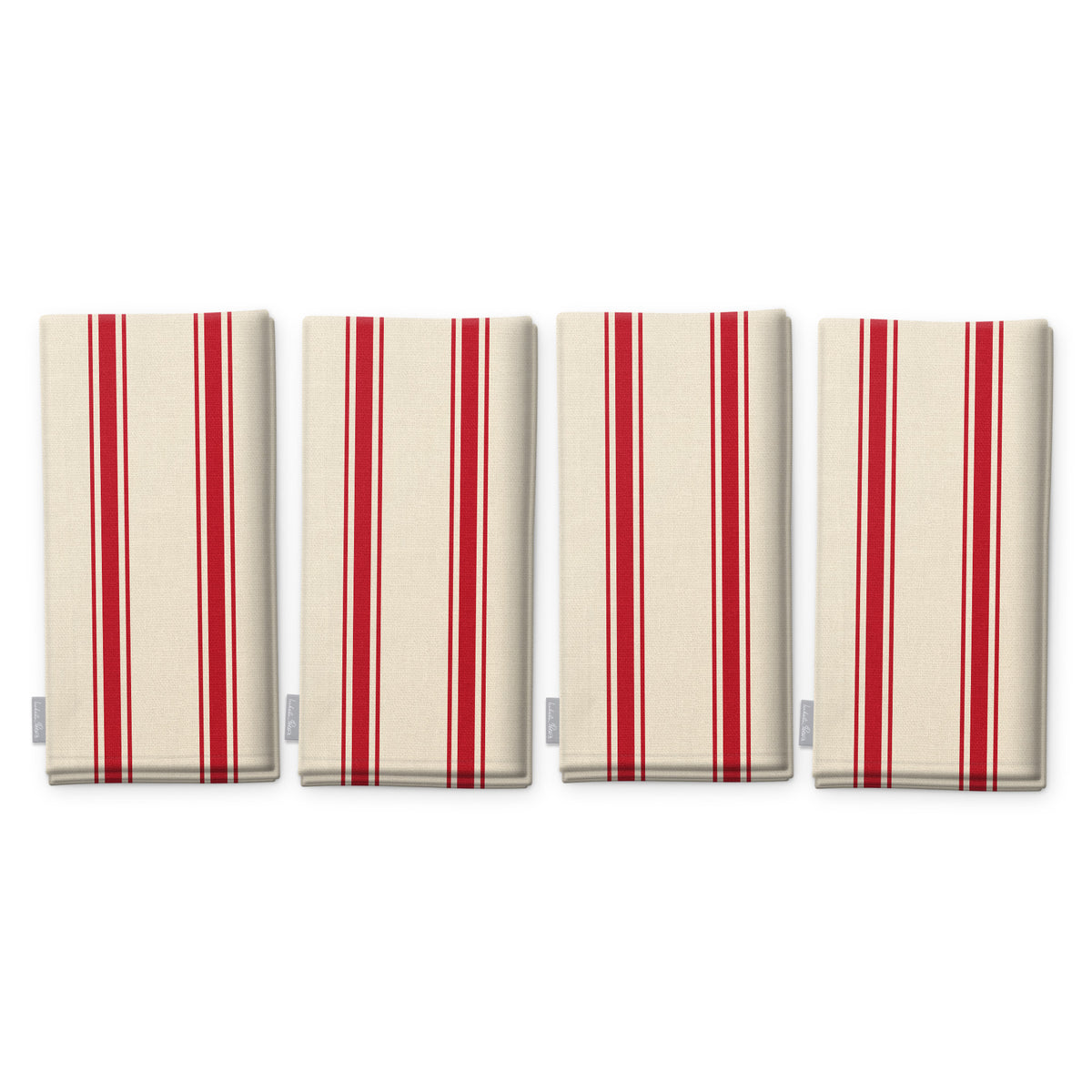 Ticking Stripe Christmas napkins in red on ivory, set of four, folded on white, showing the same fine ticking stripes