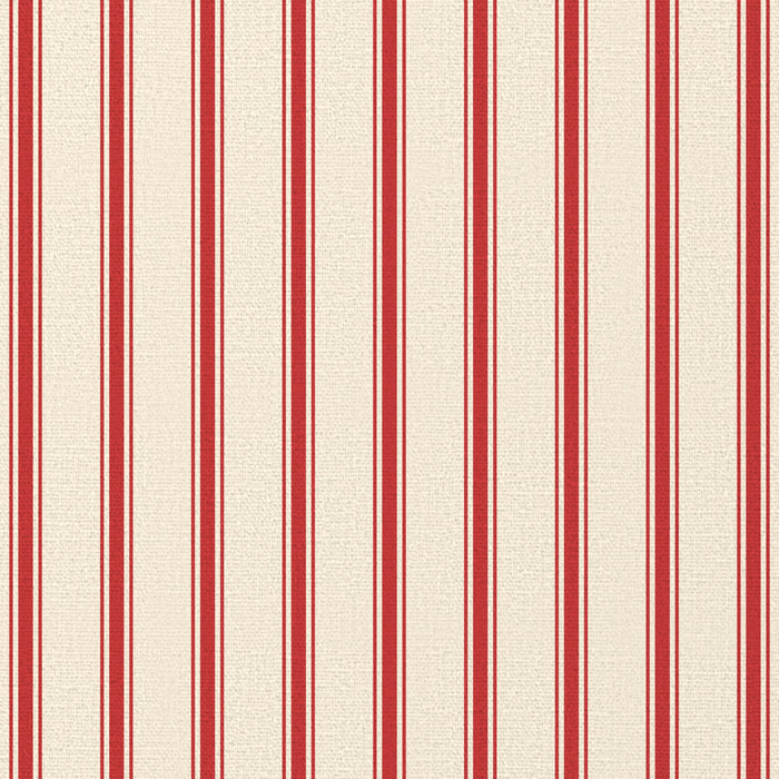 Close-up of the Ticking Stripe Christmas table runner print in red on ivory cotton, showing fine ticking stripes