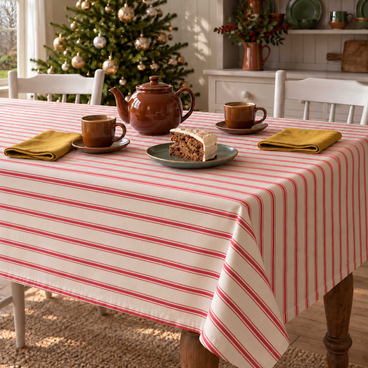 Red on ivory Ticking Stripe Christmas tablecloth with continuous lengthwise stripes, a brown tea set, gold napkins and fruitcake in a daylight farmhouse room.