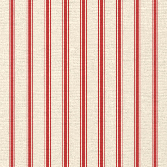 Close-up of the Ticking Stripe Christmas tablecloth print in red on ivory cotton, showing fine ticking stripes