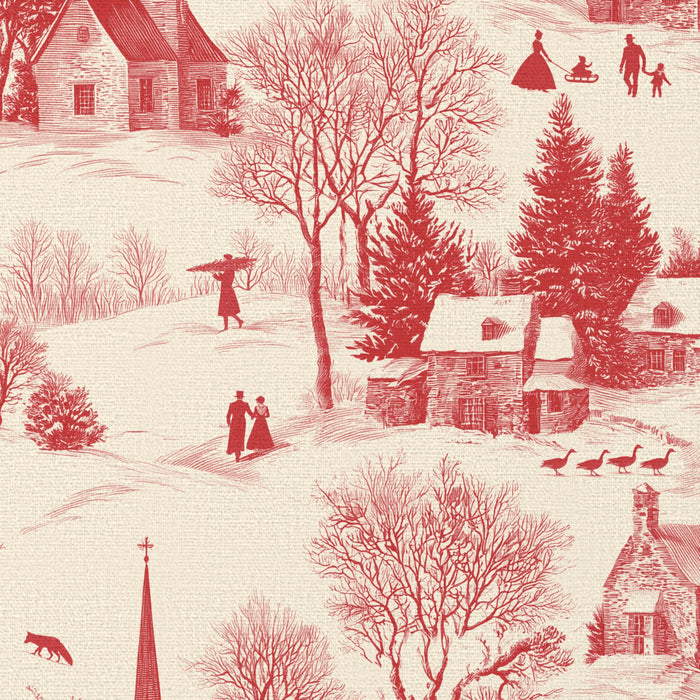 Close-up of the Village Toile Christmas napkin print in red on ivory cotton, showing a snowy village