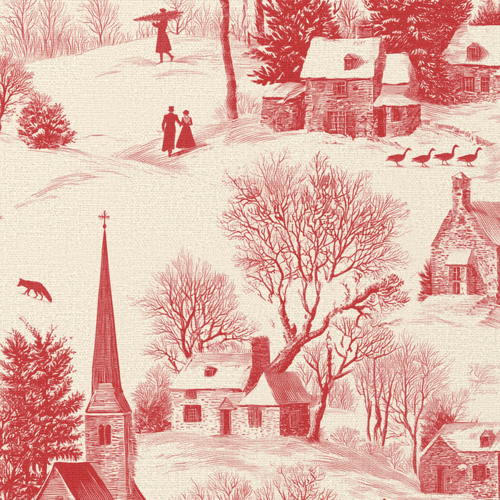 Close-up of the Village Toile Christmas table runner print in red on ivory cotton, showing a snowy village