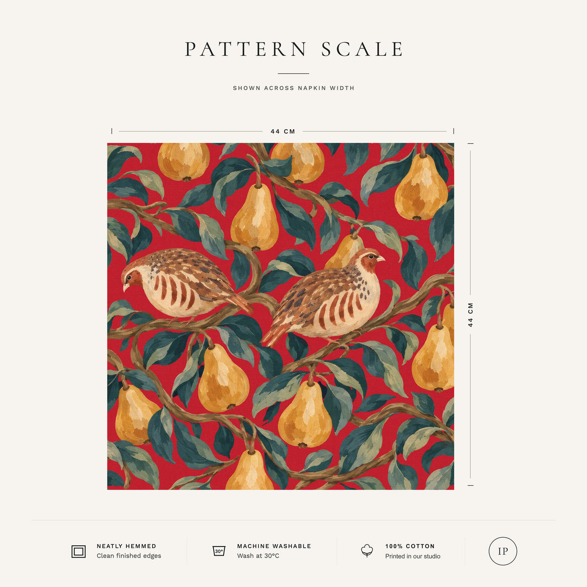 Red Partridge and Pear Christmas napkin pattern scale, showing the full 44 cm by 44 cm design.