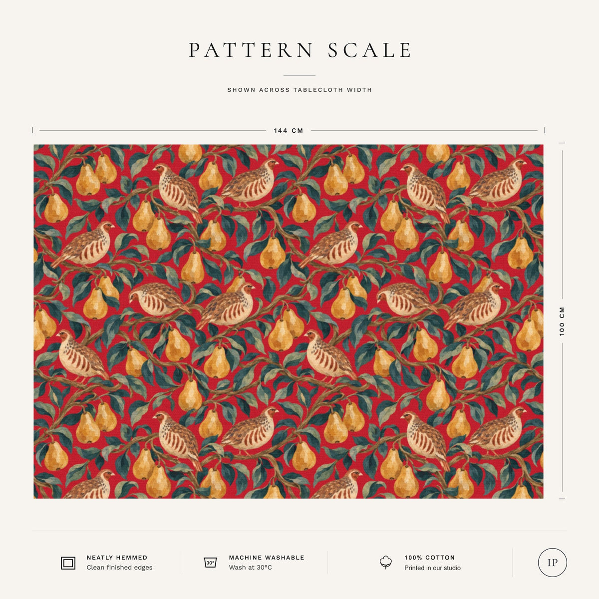 Pattern scale of the Partridge and Pear Christmas tablecloth in red across its 144 cm width, with care notes