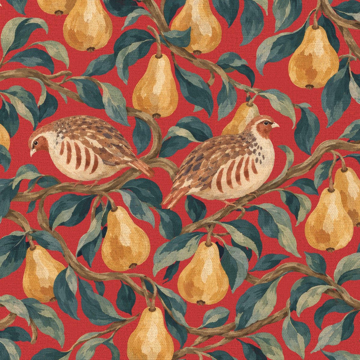Close-up of the red Partridge and Pear Christmas tablecloth print on cotton, showing partridges among pears and leaves