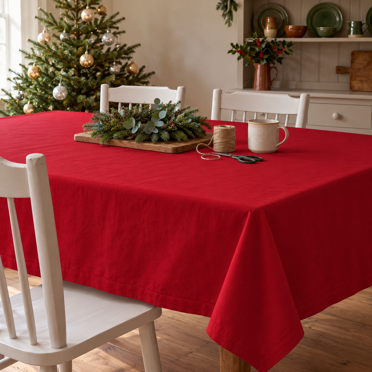 Red Plain Christmas tablecloth draped over a dining table with a mug, twine, scissors and a small wreath in a daylight farmhouse setting.