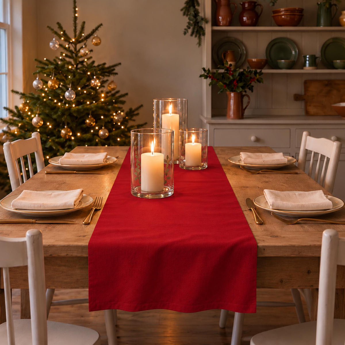Plain Colours Christmas table runner in Red, styled on a wooden table with a softly draped end in a candlelit Christmas room.