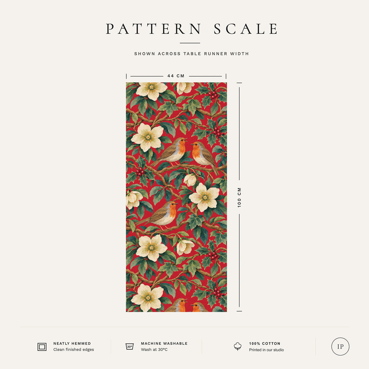 Pattern scale of the Robins and Christmas Roses Christmas table runner in red across its 44 cm width, with care notes
