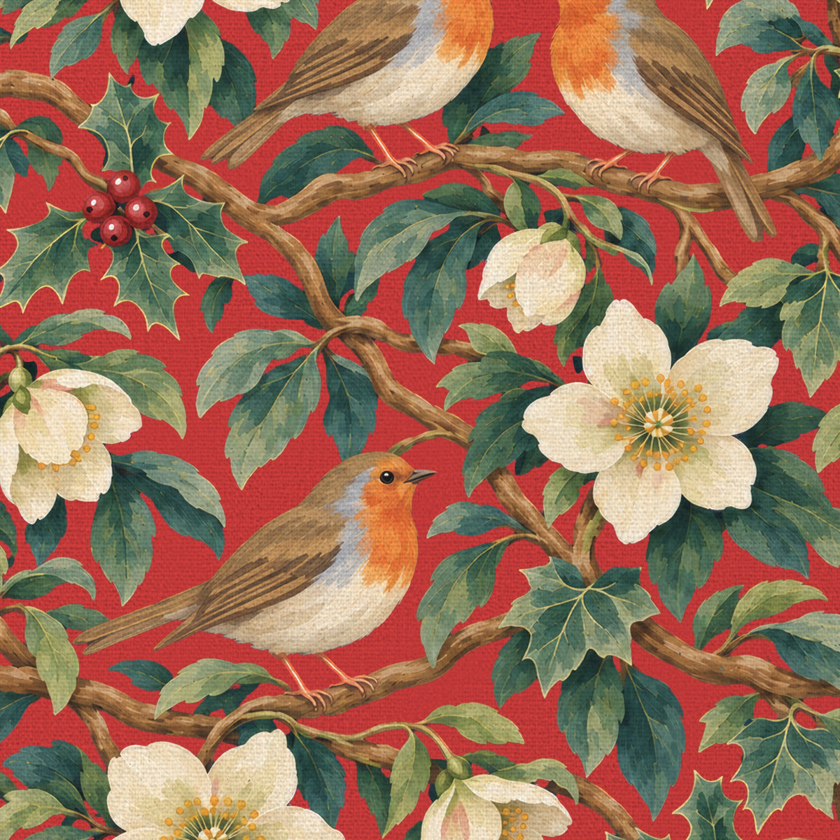 Close-up of the red Robins and Christmas Roses table runner print on cotton, showing a Christmas rose and two robins
