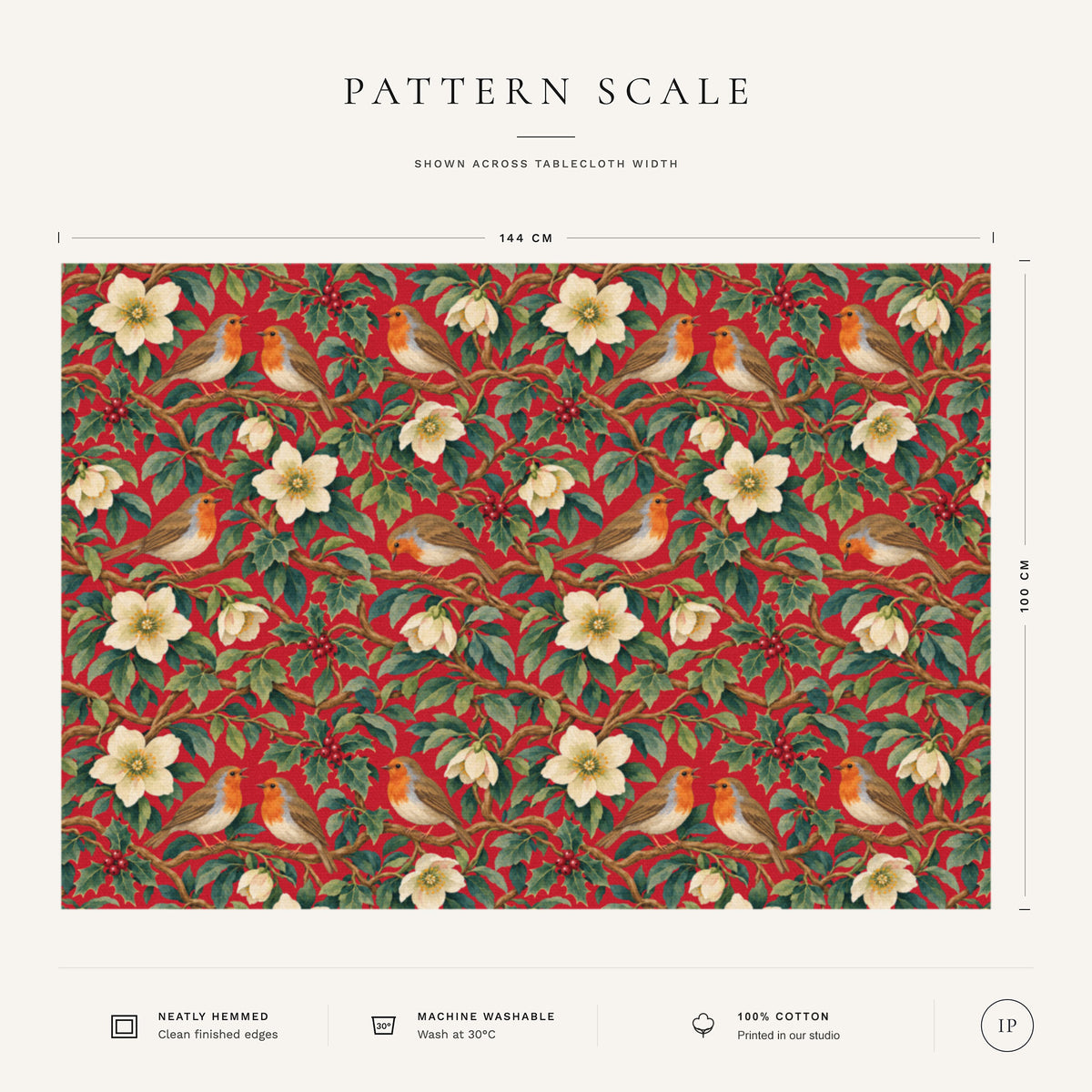 Pattern scale of the Robins and Christmas Roses Christmas tablecloth in red across its 144 cm width, with care notes