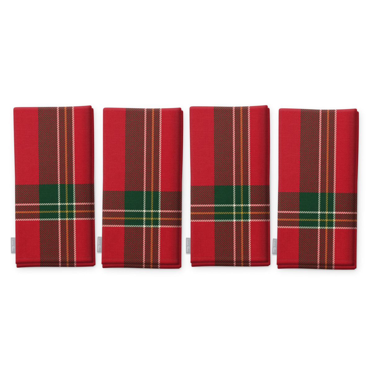 Red Tartan Christmas napkins, set of four, folded on white, showing the same tartan check