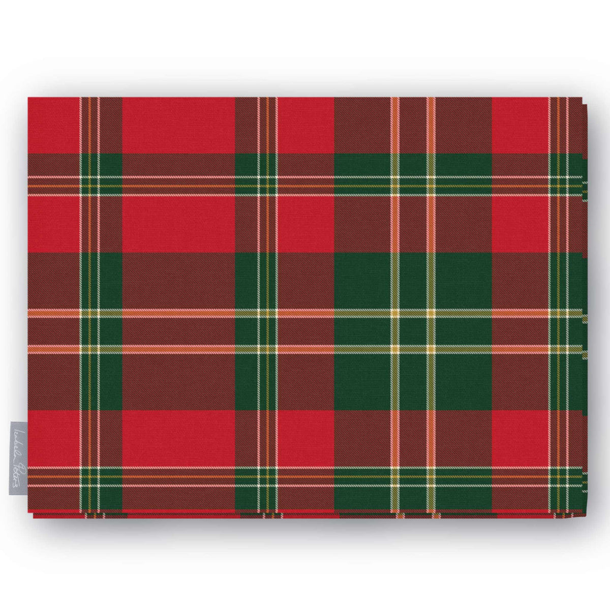 Red tartan Christmas tablecloth folded on a white background, red and deep green with fine ivory and gold lines