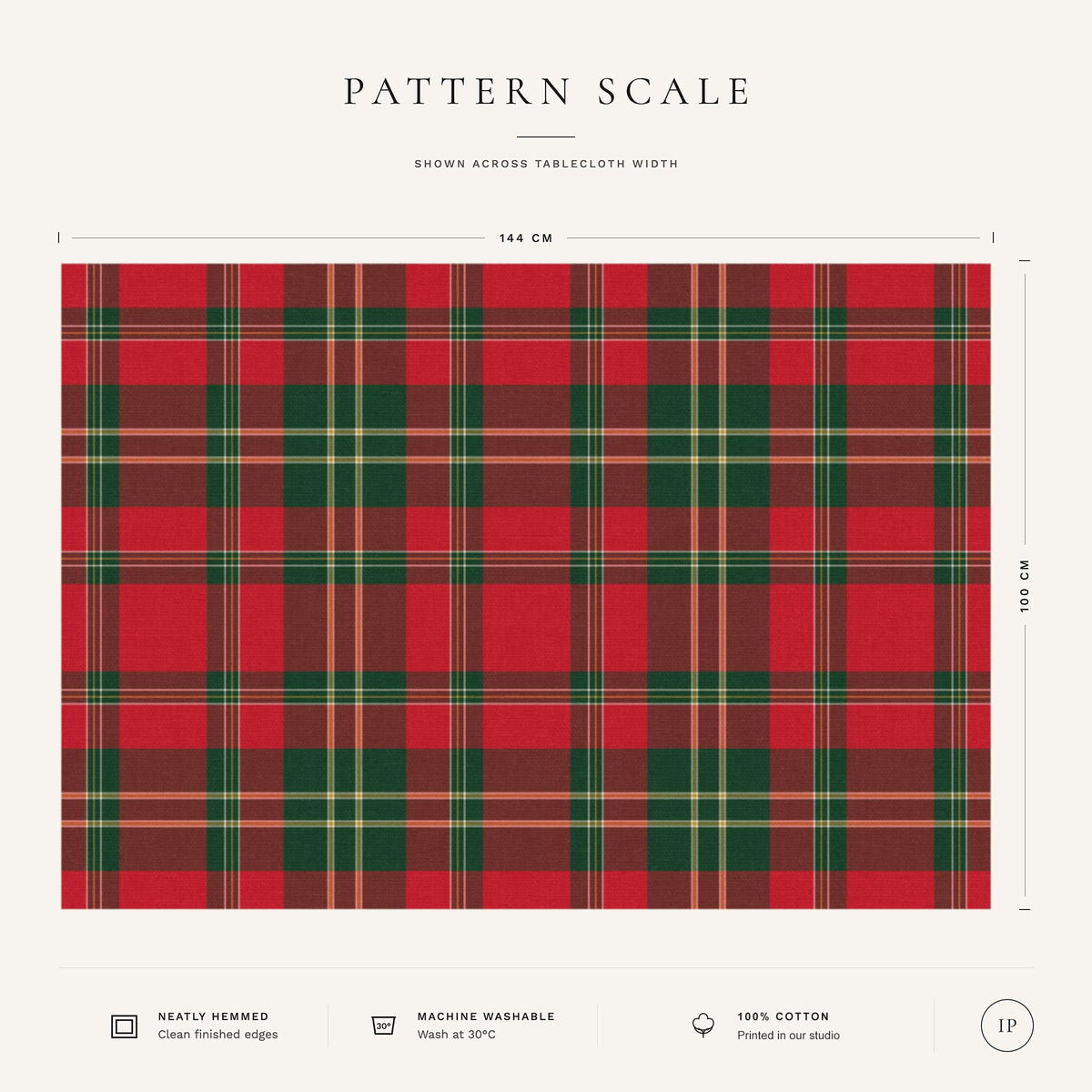 Red tartan Christmas tablecloth pattern-scale infographic showing the 144 cm width, check design, fabric, hemming and care details