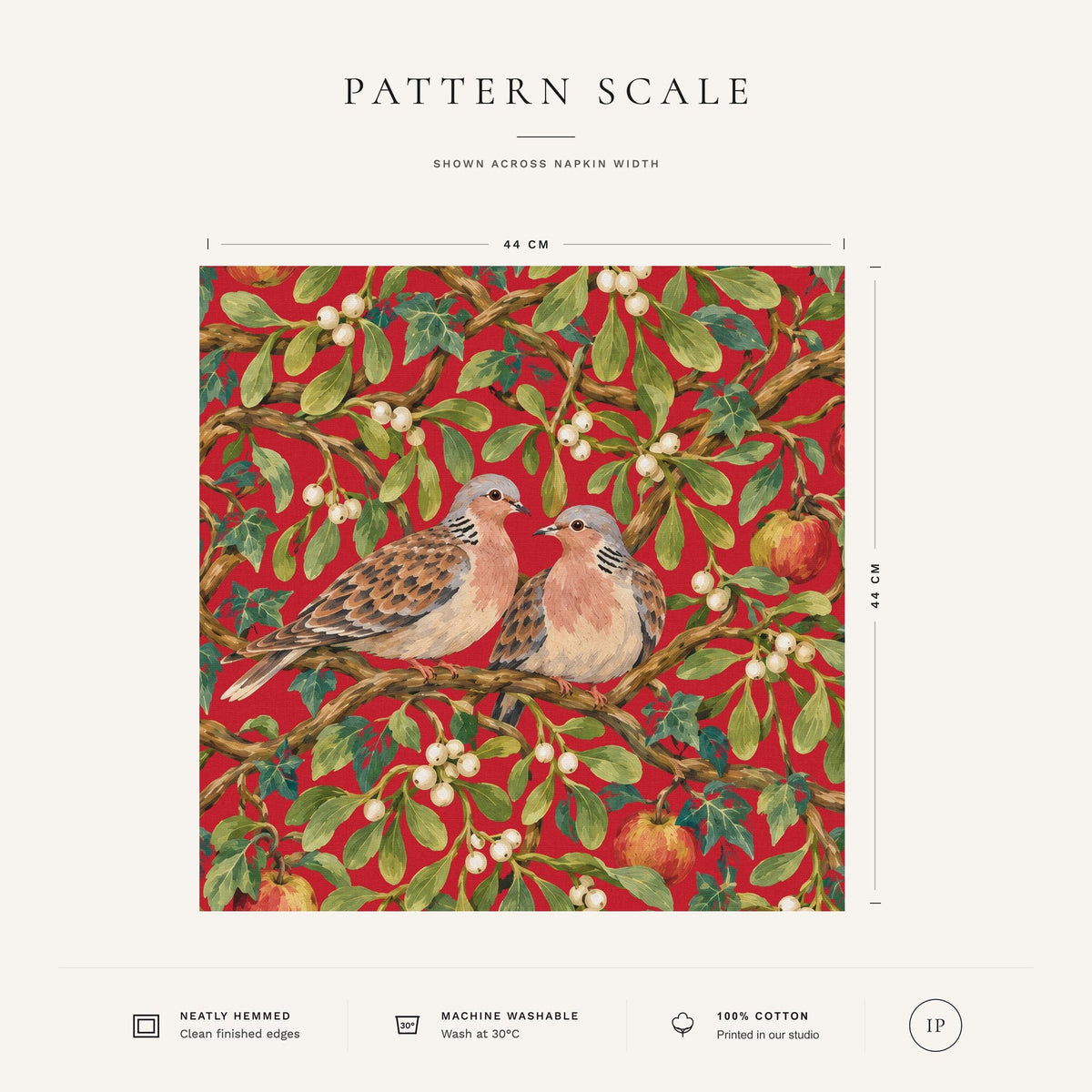 Red Turtle Doves and Mistletoe Christmas napkin pattern scale, showing the full 44 cm by 44 cm design.