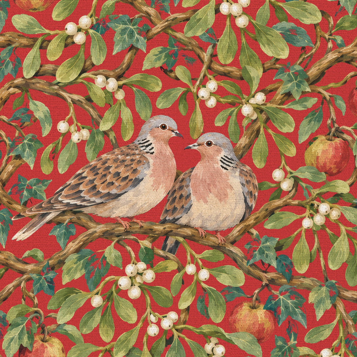 Close-up of the red Turtle Doves and Mistletoe Christmas napkin print on cotton