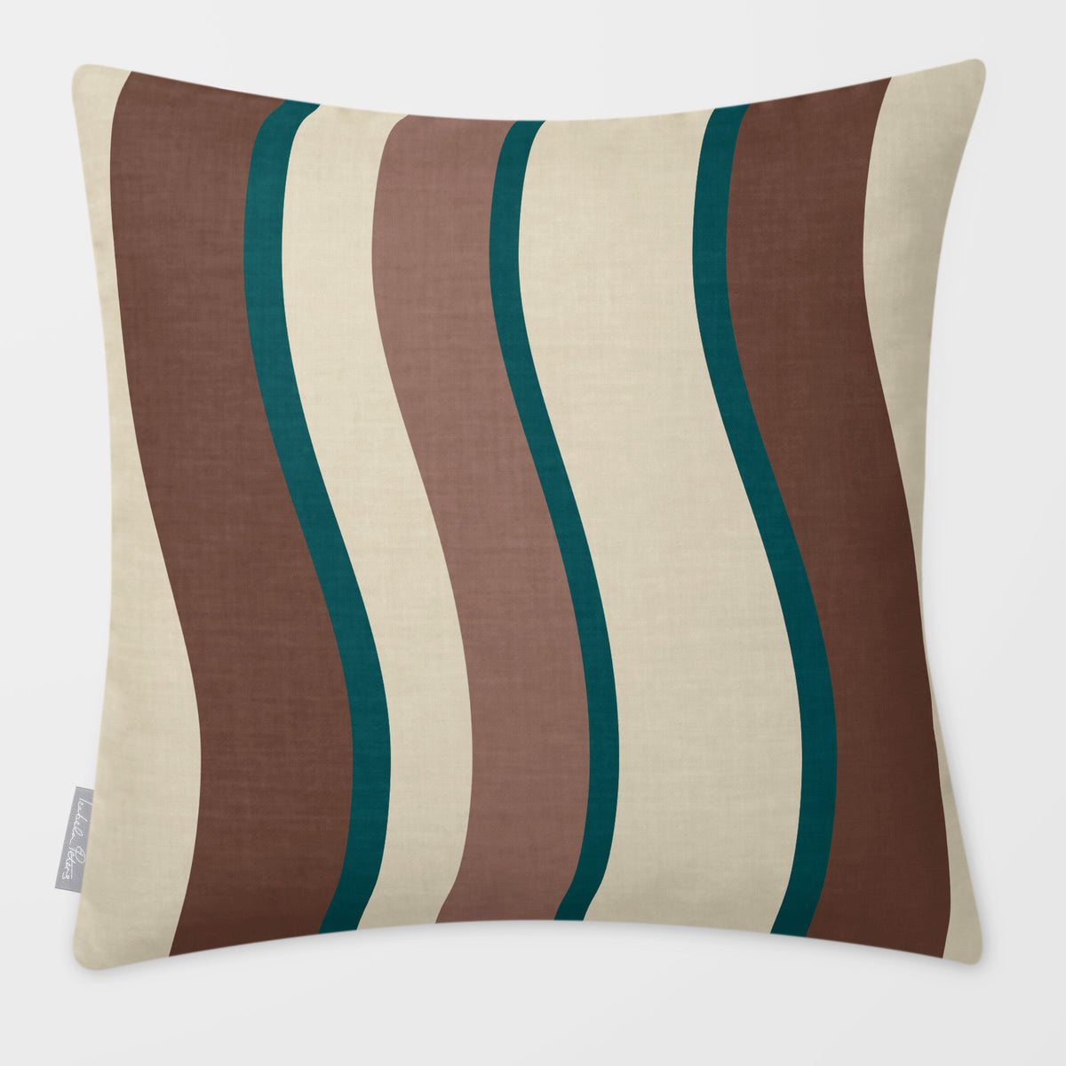 Ribbon Stripe Cocoa & Teal linen-look square cushion, plain sewn edge, front view.