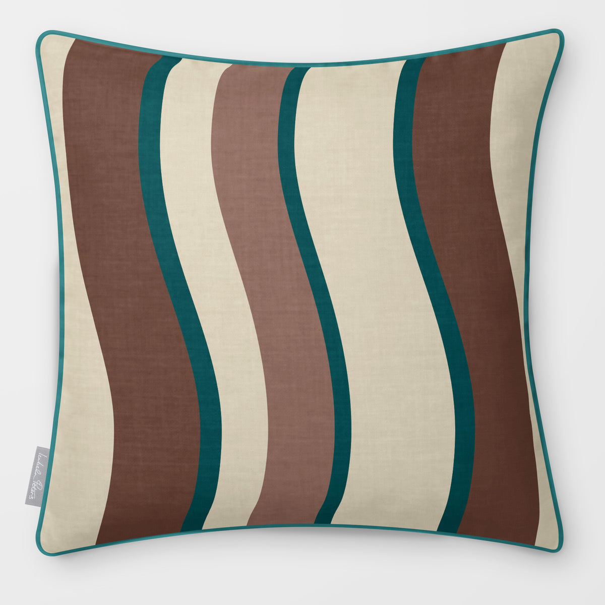 Ribbon Stripe Cocoa & Teal linen-look square cushion, piped, front view.