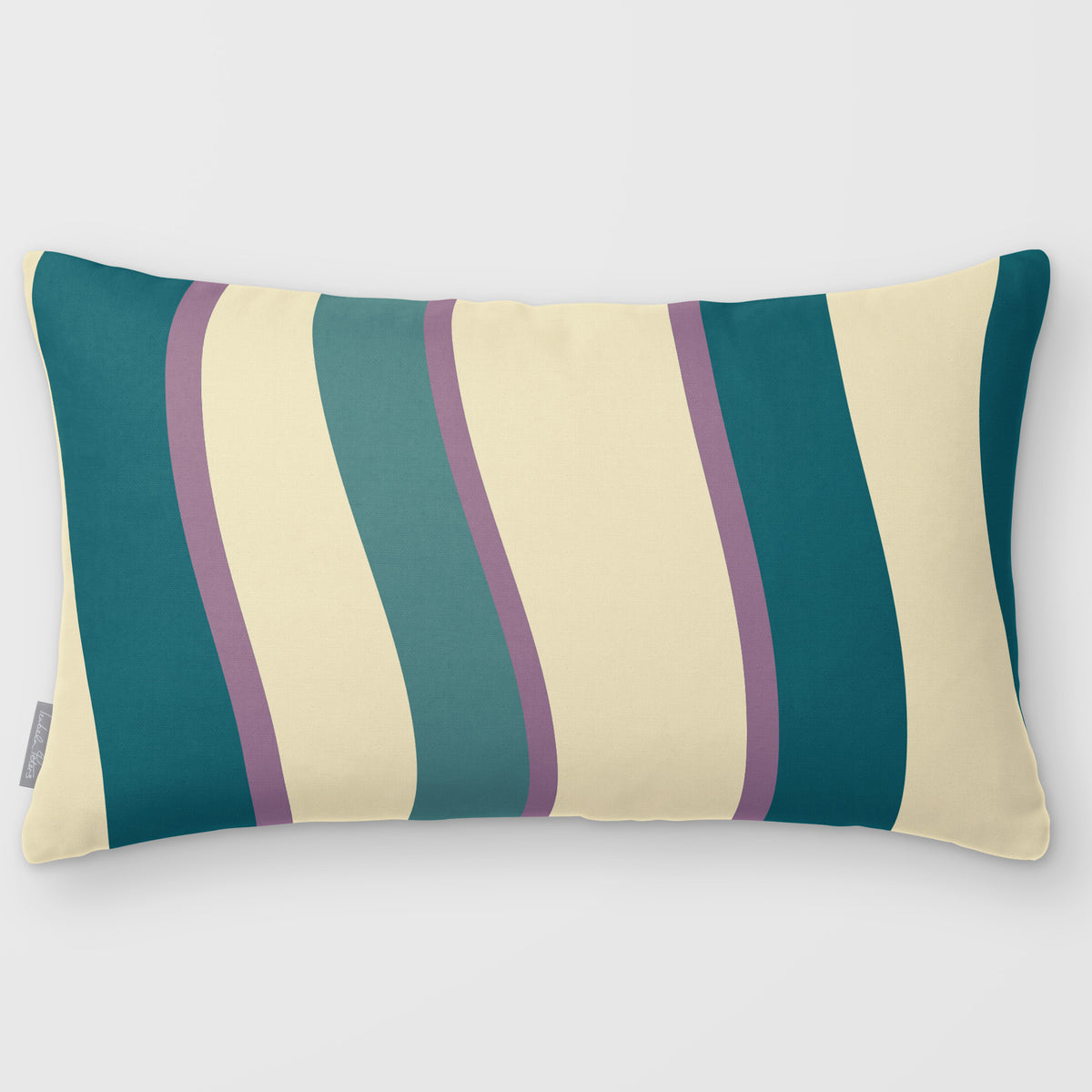 Ribbon Stripe Ink Blue & Lilac linen-look 50 × 30 cm rectangular cushion, plain sewn edge, front view.
