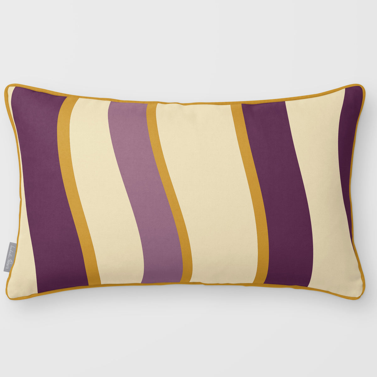 Ribbon Stripe Plum & Saffron linen-look 50 × 30 cm rectangular cushion, piped, front view.