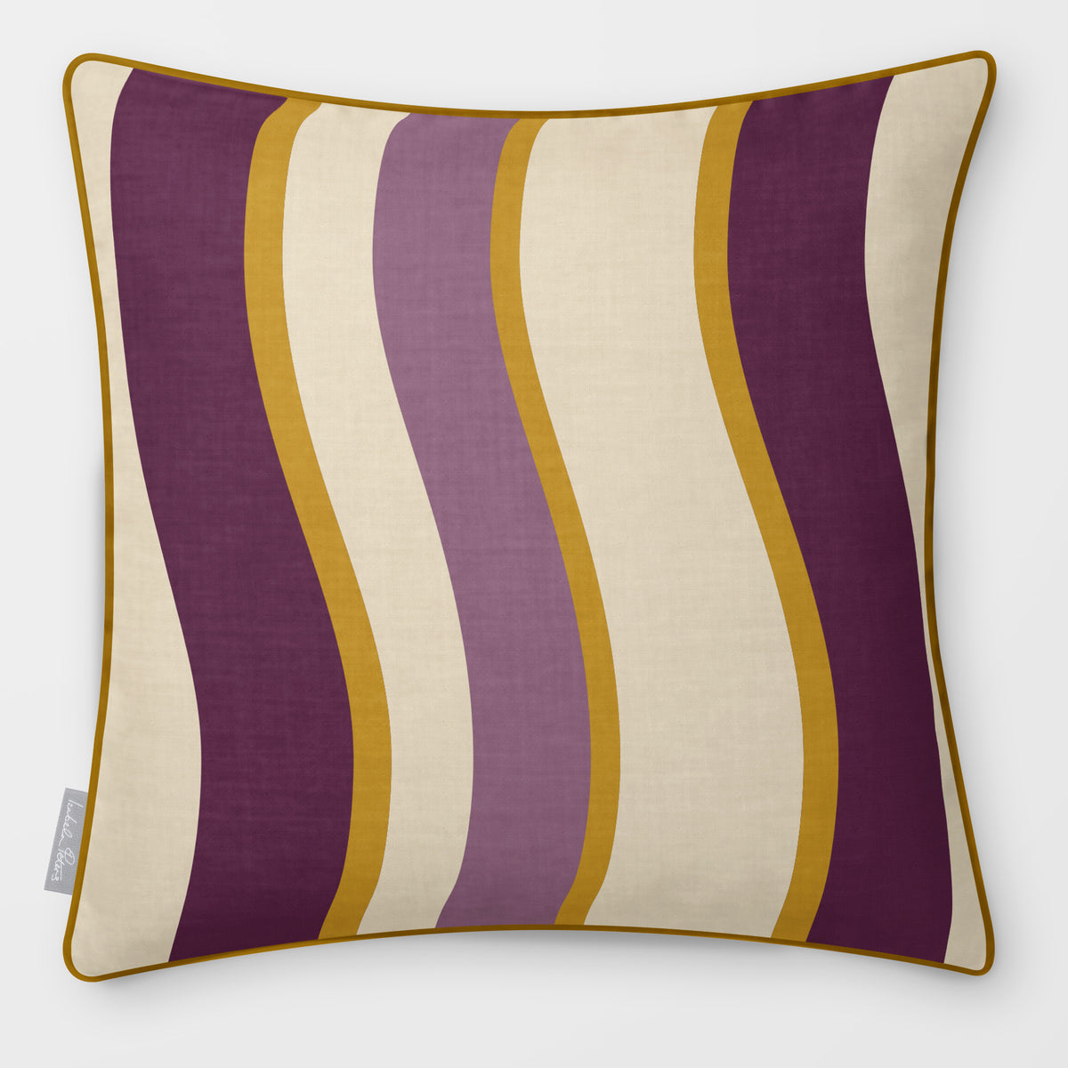 Ribbon Stripe Plum & Saffron linen-look square cushion, piped, front view.