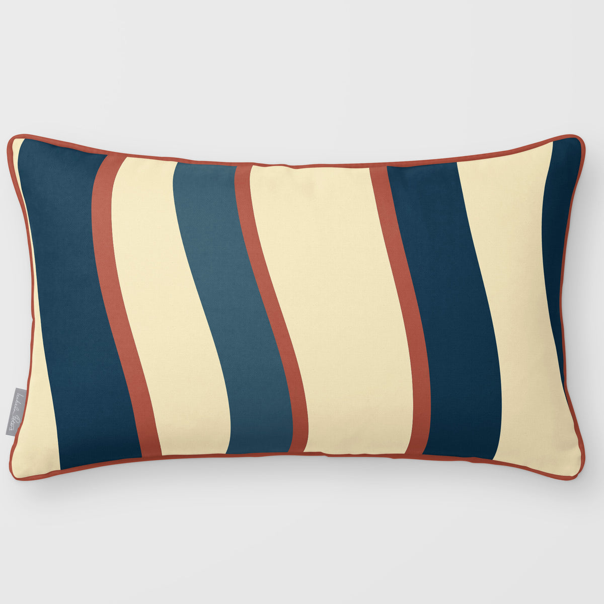 Ribbon Stripe Teal & Persimmon linen-look 50 × 30 cm rectangular cushion, piped, front view.