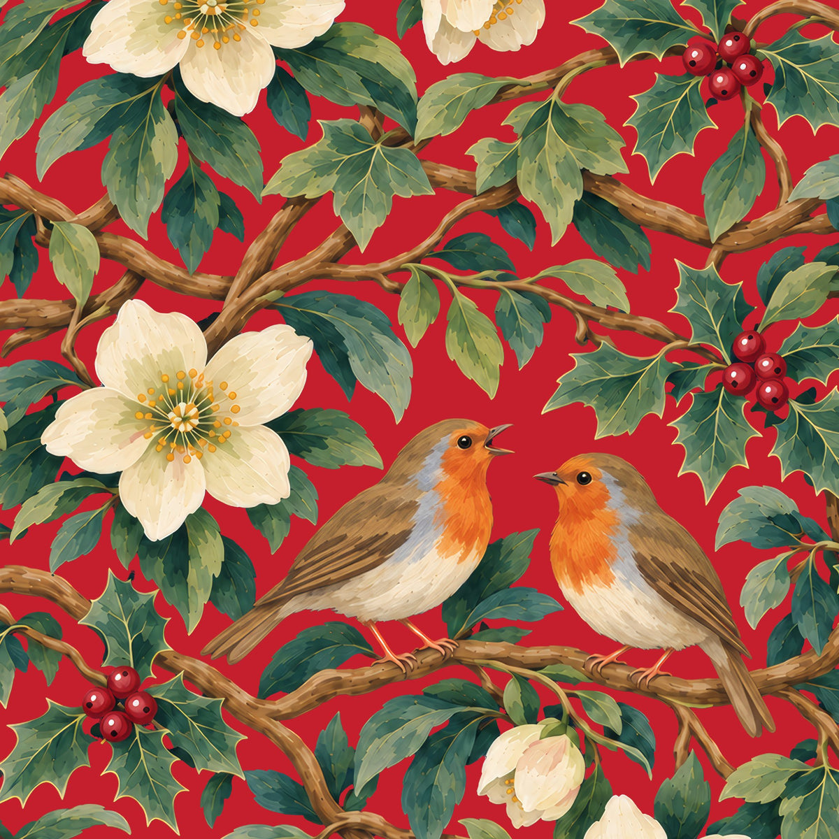 Robins and Christmas Roses napkin print in red