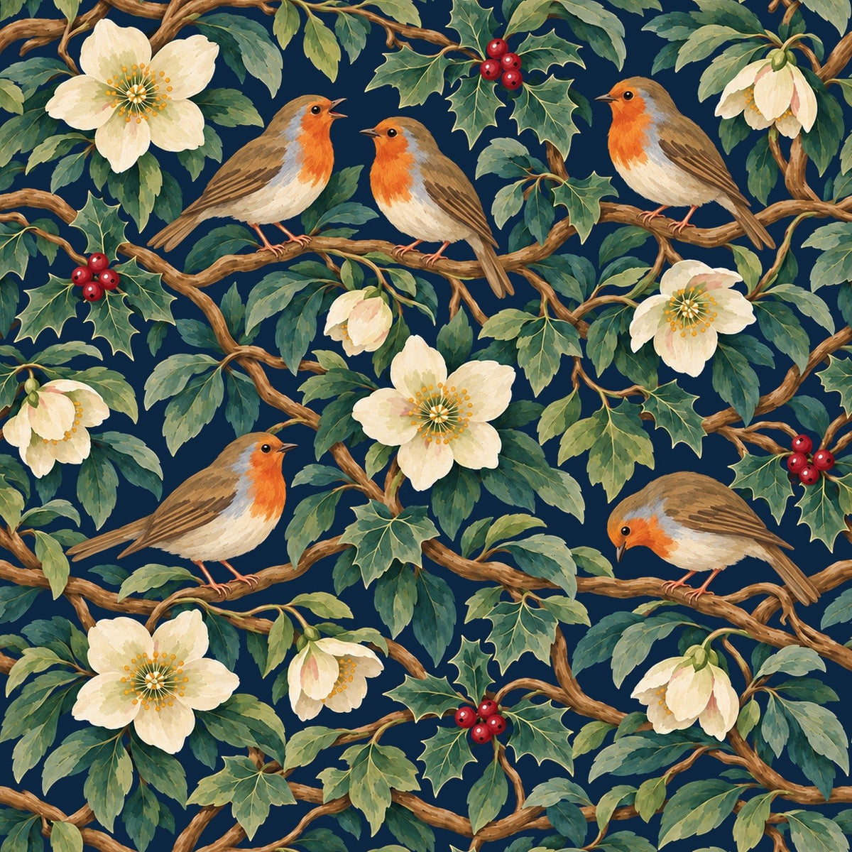 Robins and Christmas Roses print: robins and Christmas roses on navy