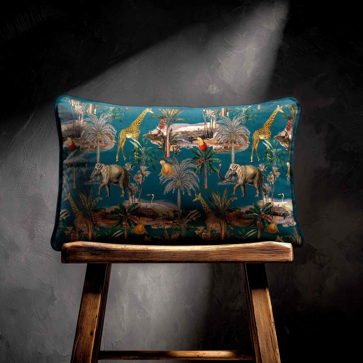 Safari Voyage | Sustainable Velvet Rectangle Cushion - Teal 50 x 30 cm Standard by Izabela Peters