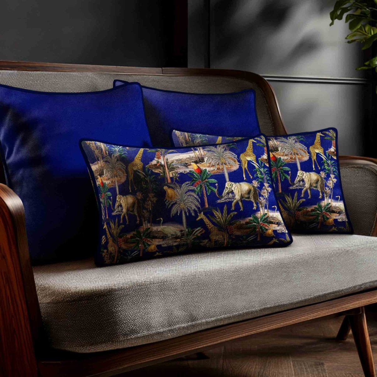 Safari Voyage | Sustainable Velvet Rectangle Cushion - Midnight 50 x 30 cm Standard by Izabela Peters