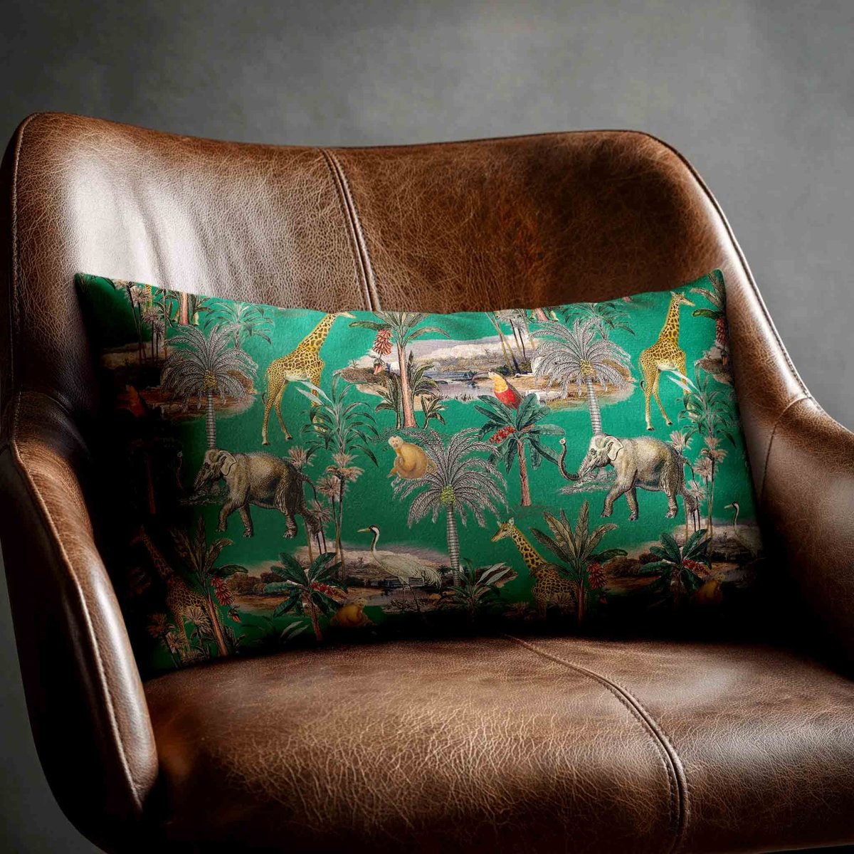 Safari Voyage | Sustainable Velvet Rectangle Cushion - Emerald Green 50 x 30 cm Standard by Izabela Peters