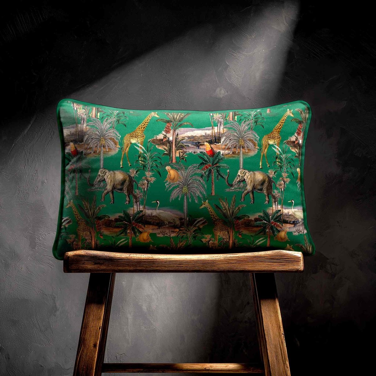 Safari Voyage | Sustainable Velvet Rectangle Cushion - Emerald Green 50 x 30 cm Standard by Izabela Peters