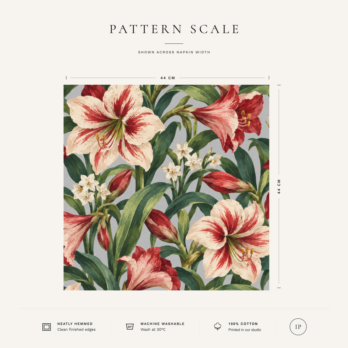 Silver grey Amaryllis Christmas napkin pattern scale, showing the full 44 cm by 44 cm design.