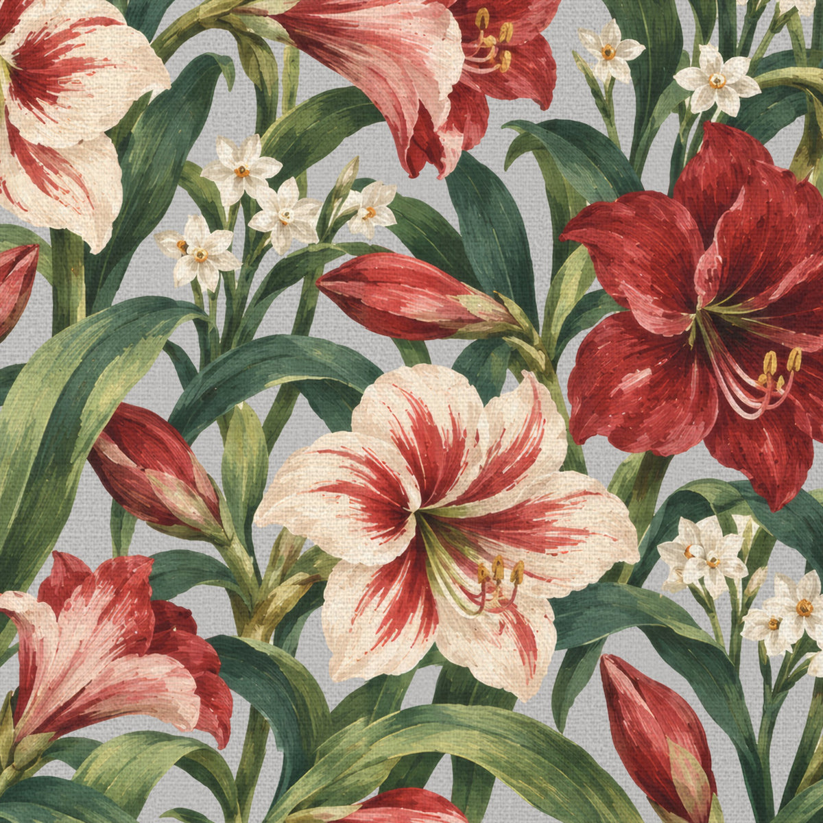 Close-up of the Amaryllis Christmas table runner print in silver grey on cotton, showing amaryllis flowers among long leaves